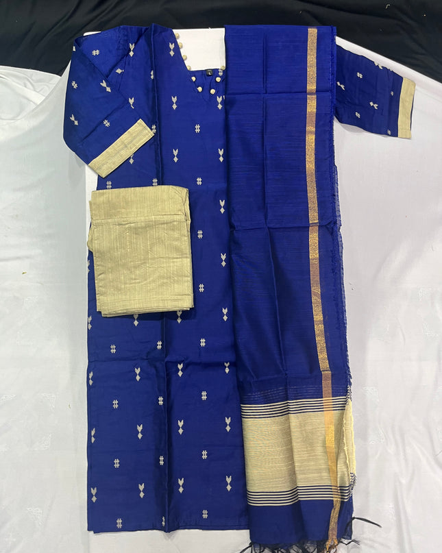 Raw Silk 3pc KurtiSet With Royal Blue Colour Full Length Lining | Blue Dupatta
