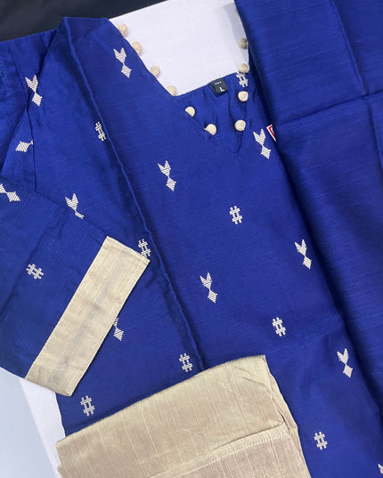 Raw Silk 3pc KurtiSet With Royal Blue Colour Full Length Lining | Blue Dupatta
