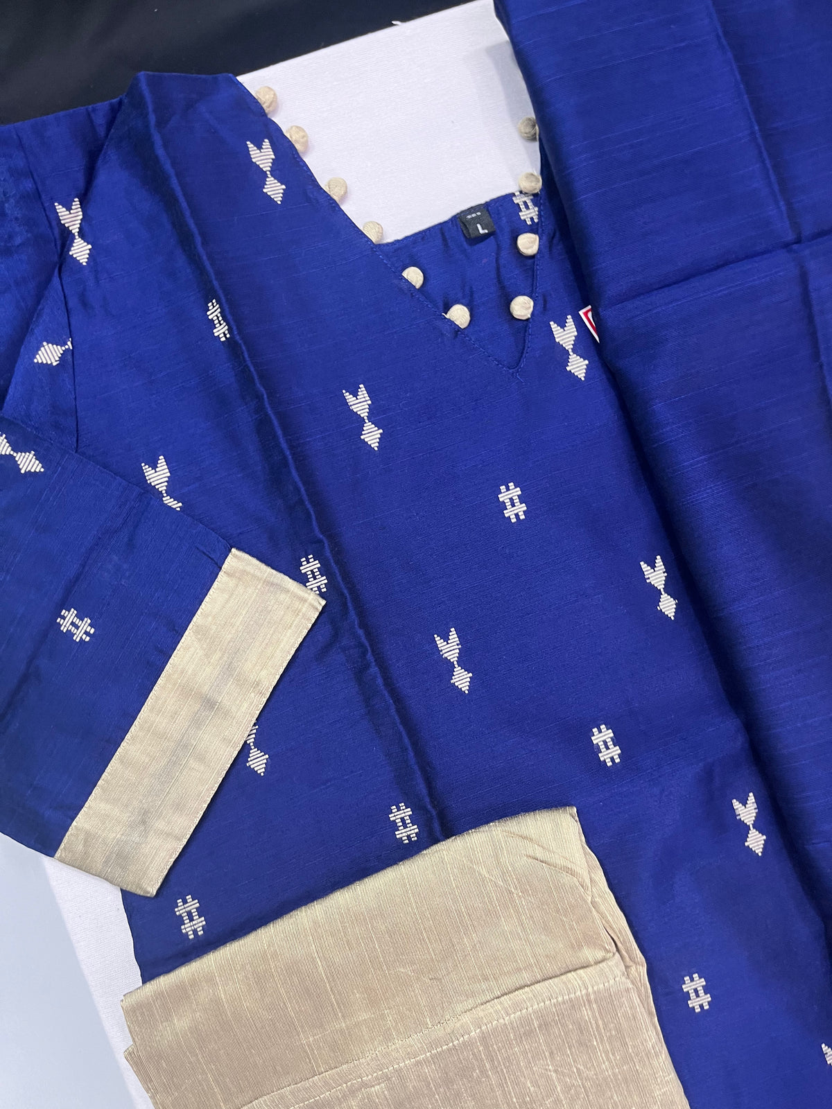 Raw Silk 3pc KurtiSet With Royal Blue Colour Full Length Lining | Blue Dupatta