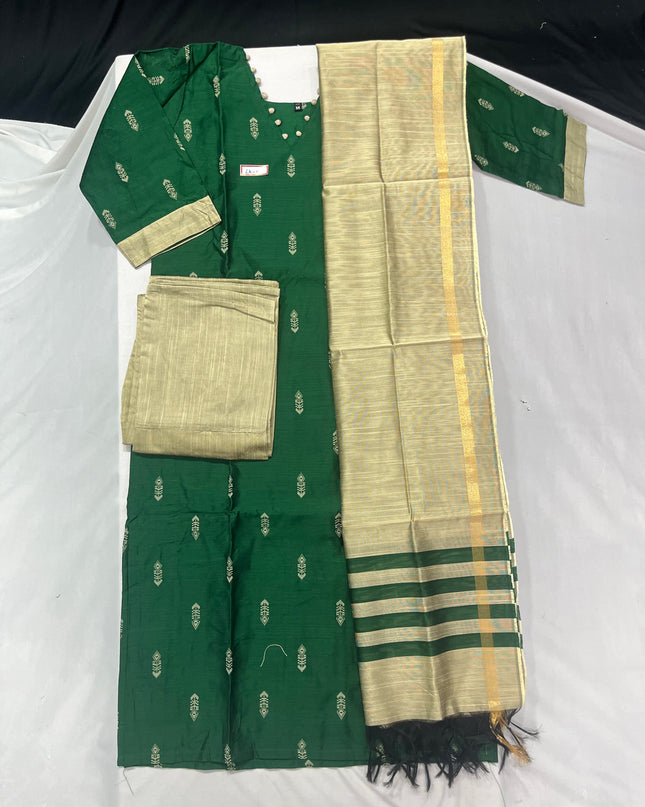 Raw Silk 3pc KurtiSet With Dark Green Colour Full Length Lining | Gold Dupatta