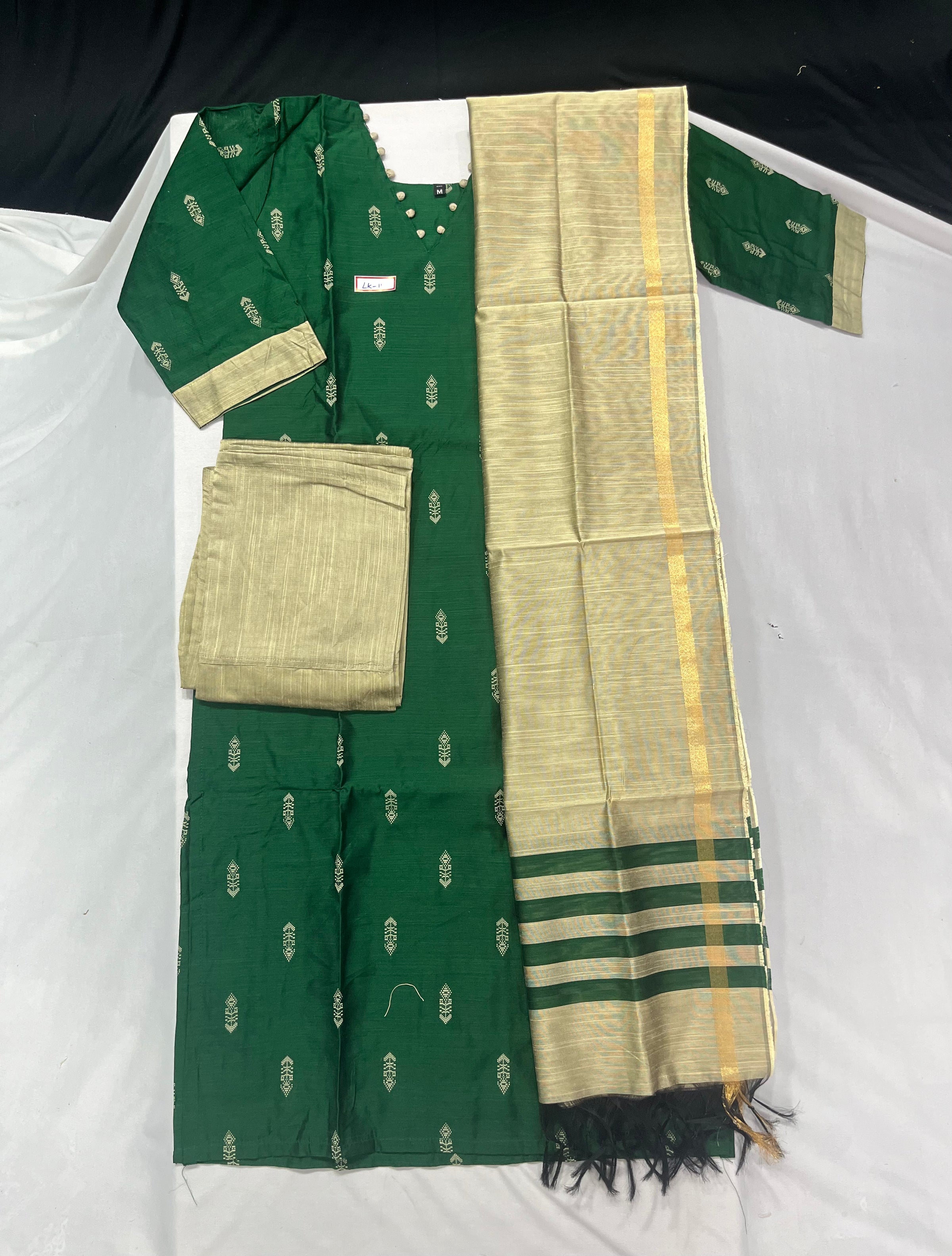 Raw Silk 3pc KurtiSet With Dark Green Colour Full Length Lining | Gold Dupatta