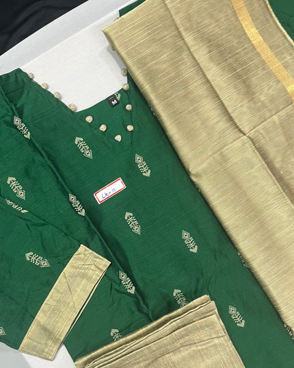 Raw Silk 3pc KurtiSet With Dark Green Colour Full Length Lining | Gold Dupatta