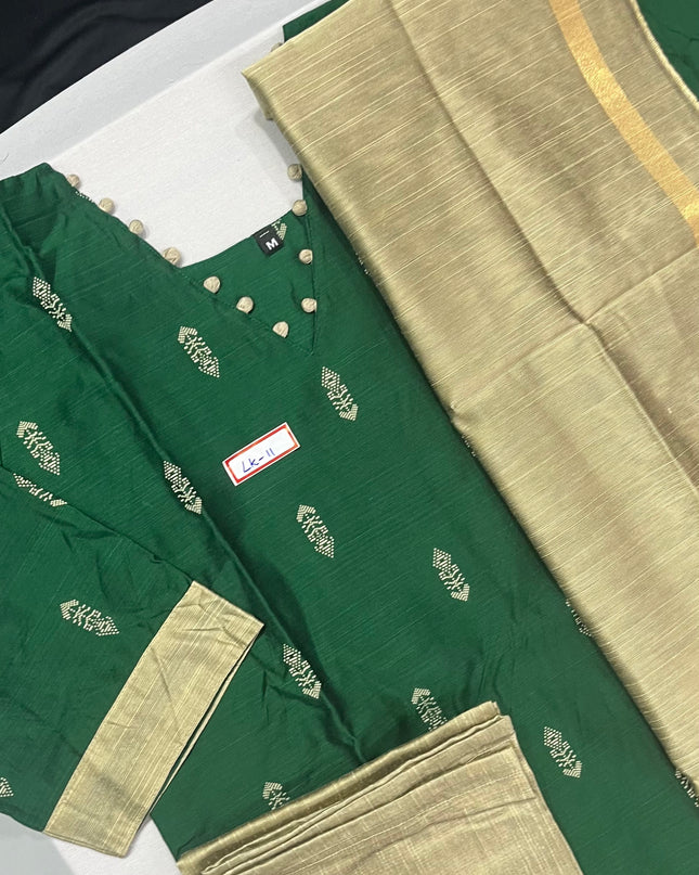 Raw Silk 3pc KurtiSet With Dark Green Colour Full Length Lining | Gold Dupatta
