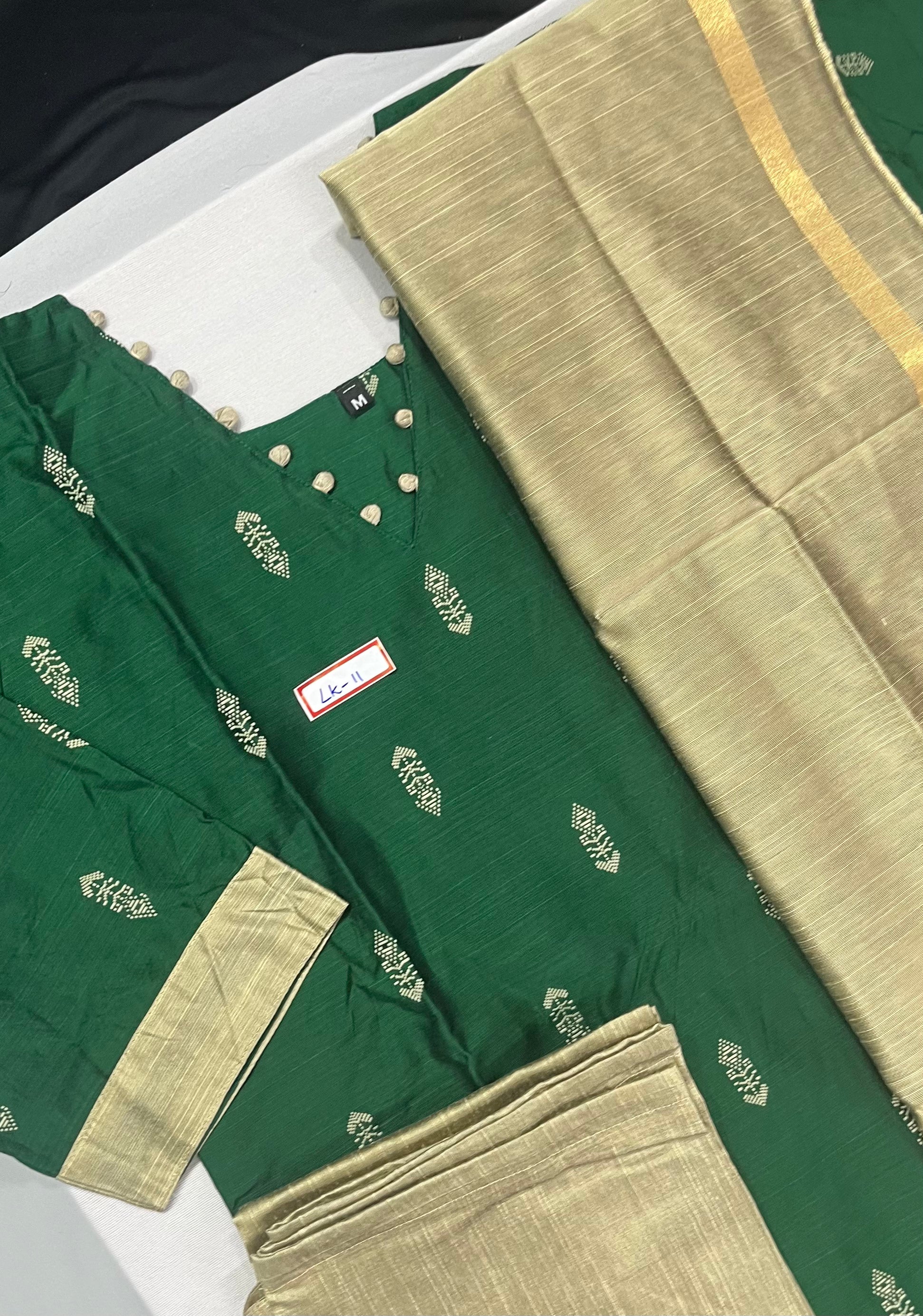 Raw Silk 3pc KurtiSet With Dark Green Colour Full Length Lining | Gold Dupatta