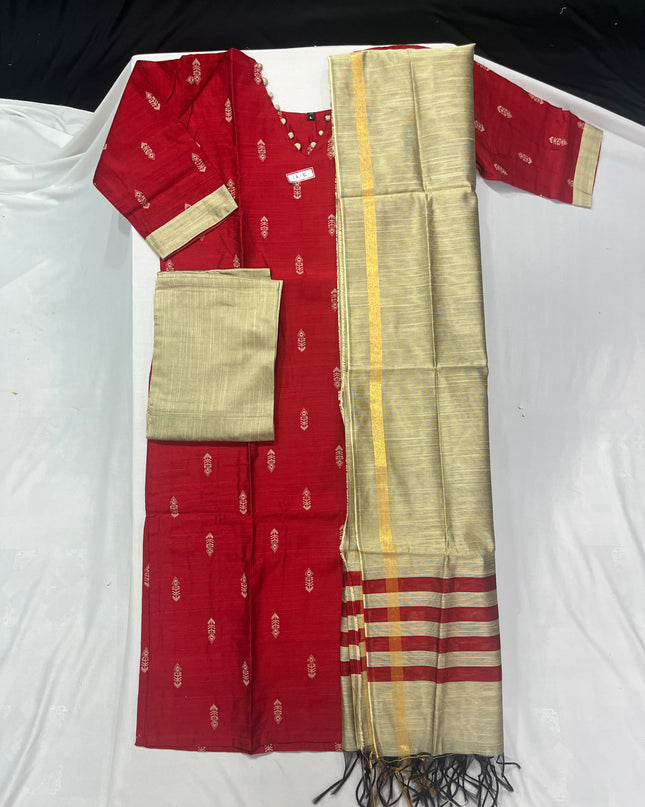 Raw Silk 3pc KurtiSet With Red Colour Full Length Lining | Gold Dupatta