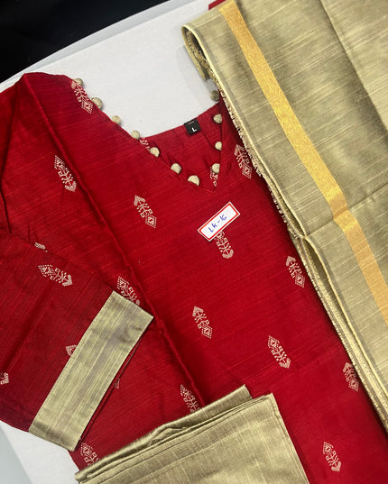 Raw Silk 3pc KurtiSet With Red Colour Full Length Lining | Gold Dupatta