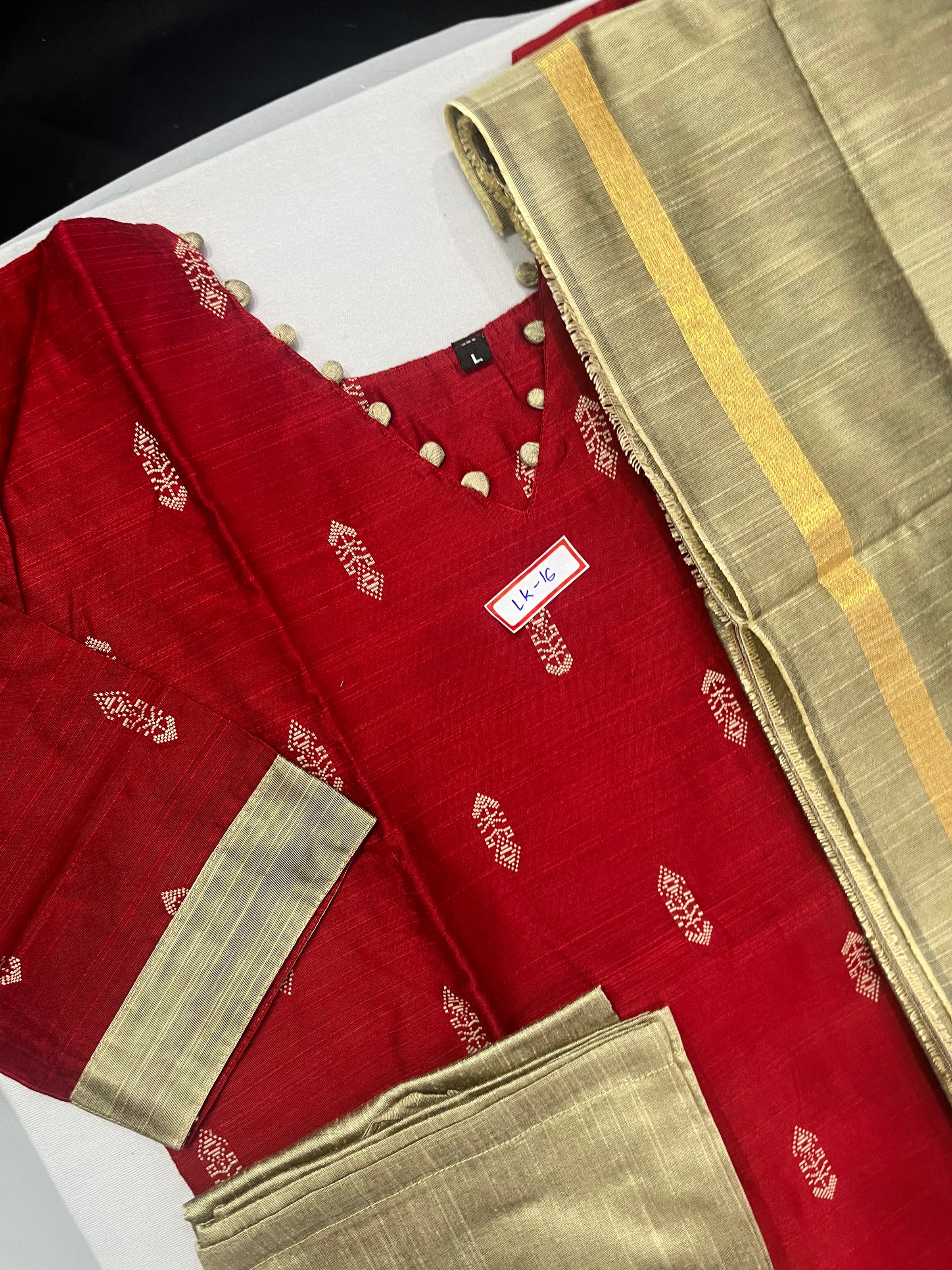 Raw Silk 3pc KurtiSet With Red Colour Full Length Lining | Gold Dupatta