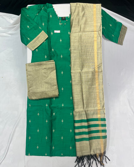Raw Silk 3pc KurtiSet With Green Colour Full Length Lining | Gold Dupatta