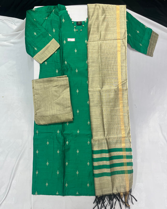 Raw Silk 3pc KurtiSet With Green Colour Full Length Lining | Gold Dupatta