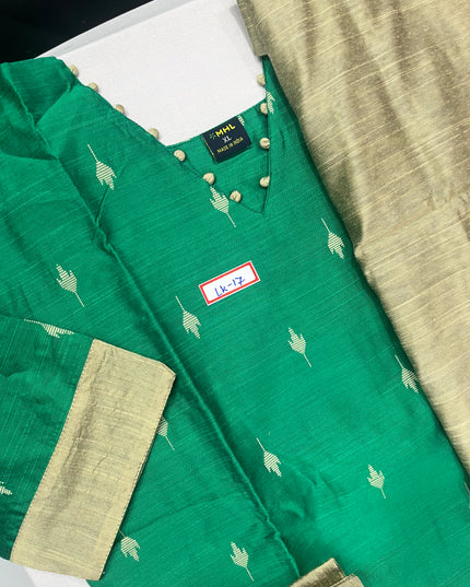 Raw Silk 3pc KurtiSet With Green Colour Full Length Lining | Gold Dupatta