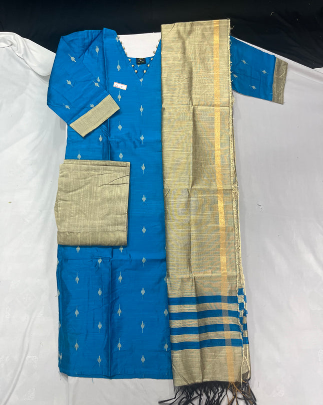Raw Silk 3pc KurtiSet With Sky Blue Colour Full Length Lining | Gold Dupatta