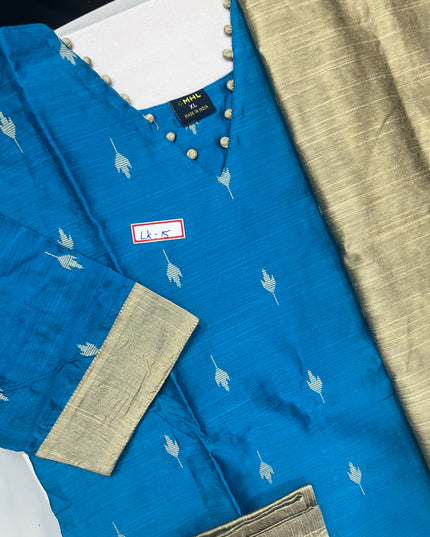 Raw Silk 3pc KurtiSet With Sky Blue Colour Full Length Lining | Gold Dupatta