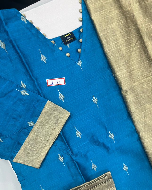 Raw Silk 3pc KurtiSet With Sky Blue Colour Full Length Lining | Gold Dupatta