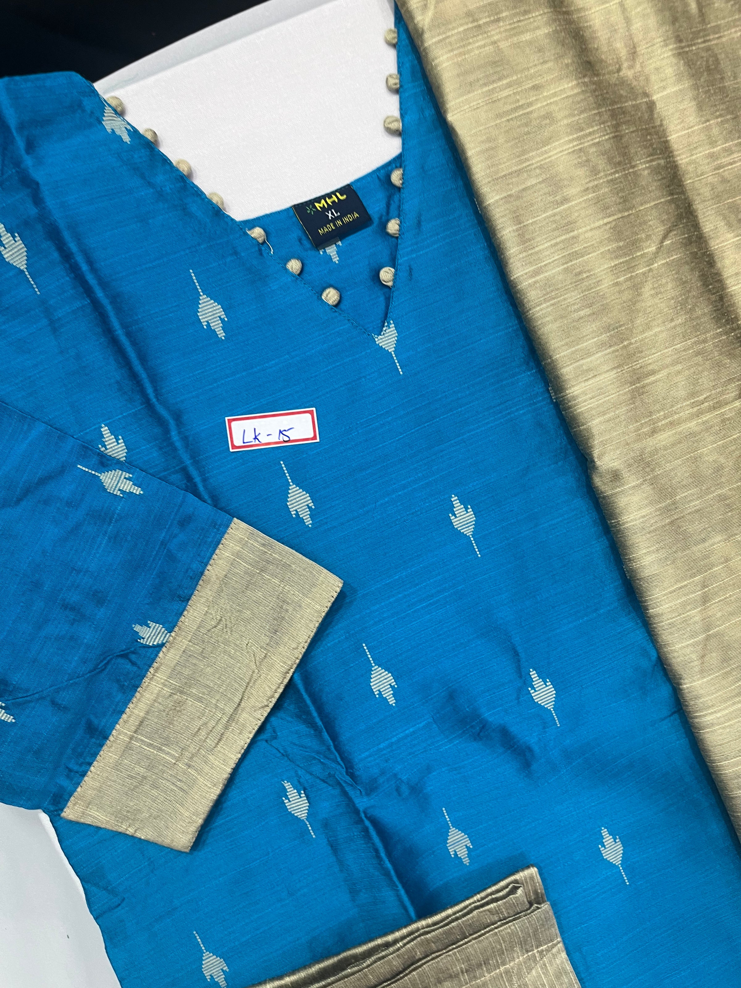 Raw Silk 3pc KurtiSet With Sky Blue Colour Full Length Lining | Gold Dupatta