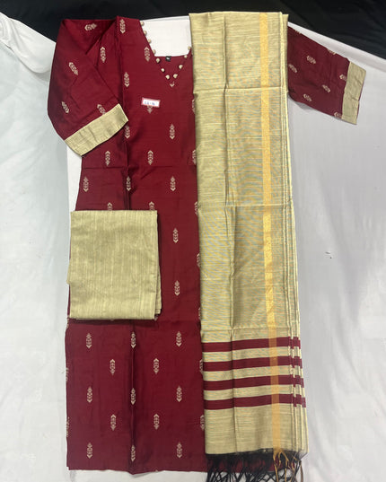 Raw Silk 3pc KurtiSet With Maroon Colour Full Length Lining | Gold Dupatta