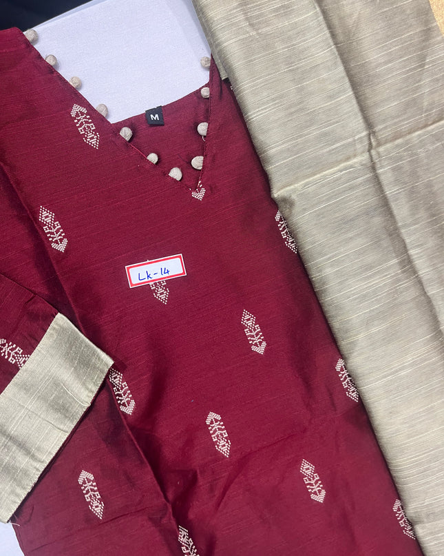 Raw Silk 3pc KurtiSet With Maroon Colour Full Length Lining | Gold Dupatta