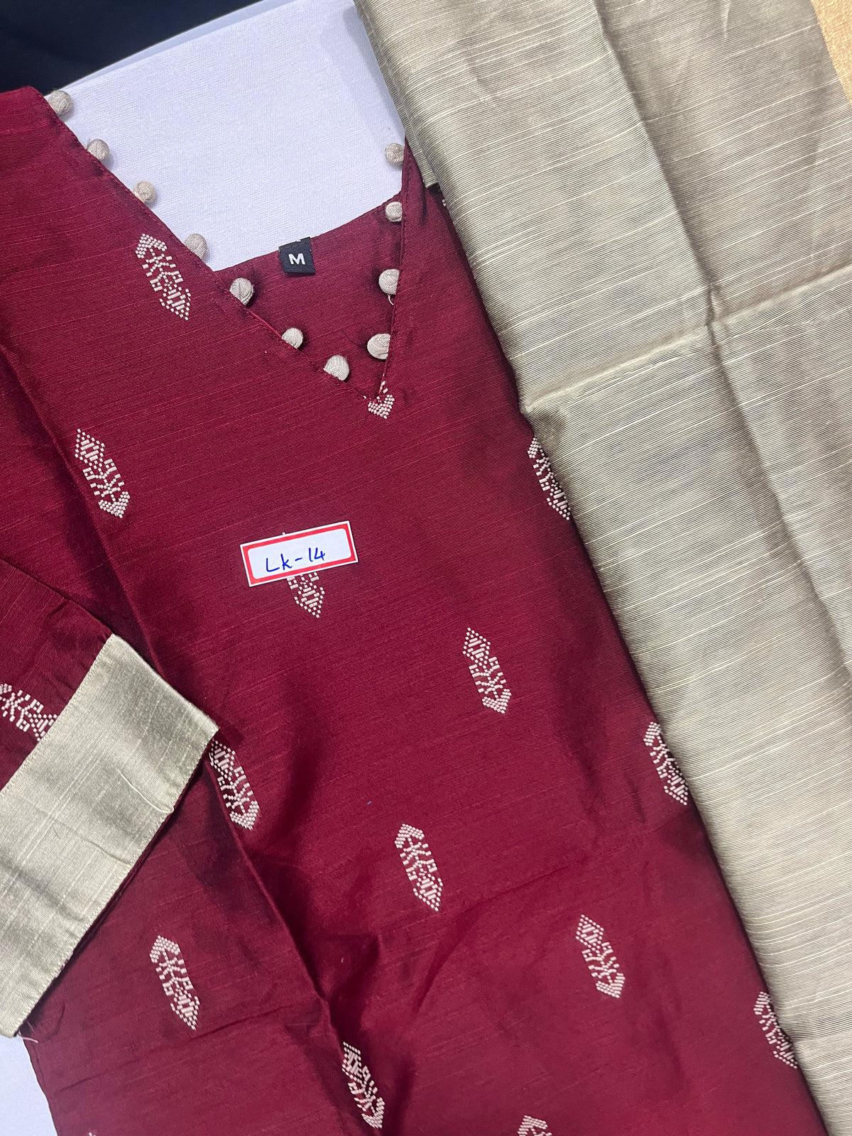 Raw Silk 3pc KurtiSet With Maroon Colour Full Length Lining | Gold Dupatta
