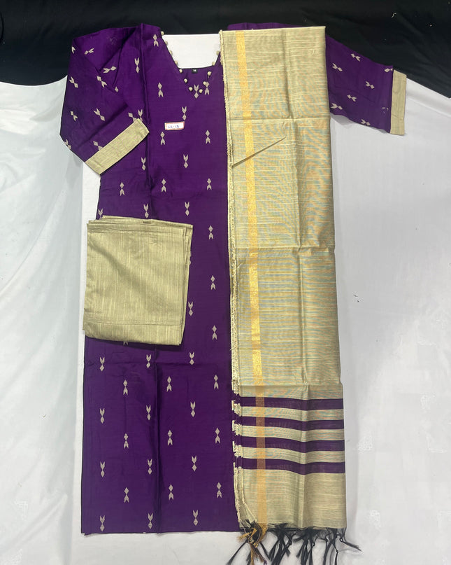 Raw Silk 3pc KurtiSet With Violet Colour Full Length Lining | Gold Dupatta