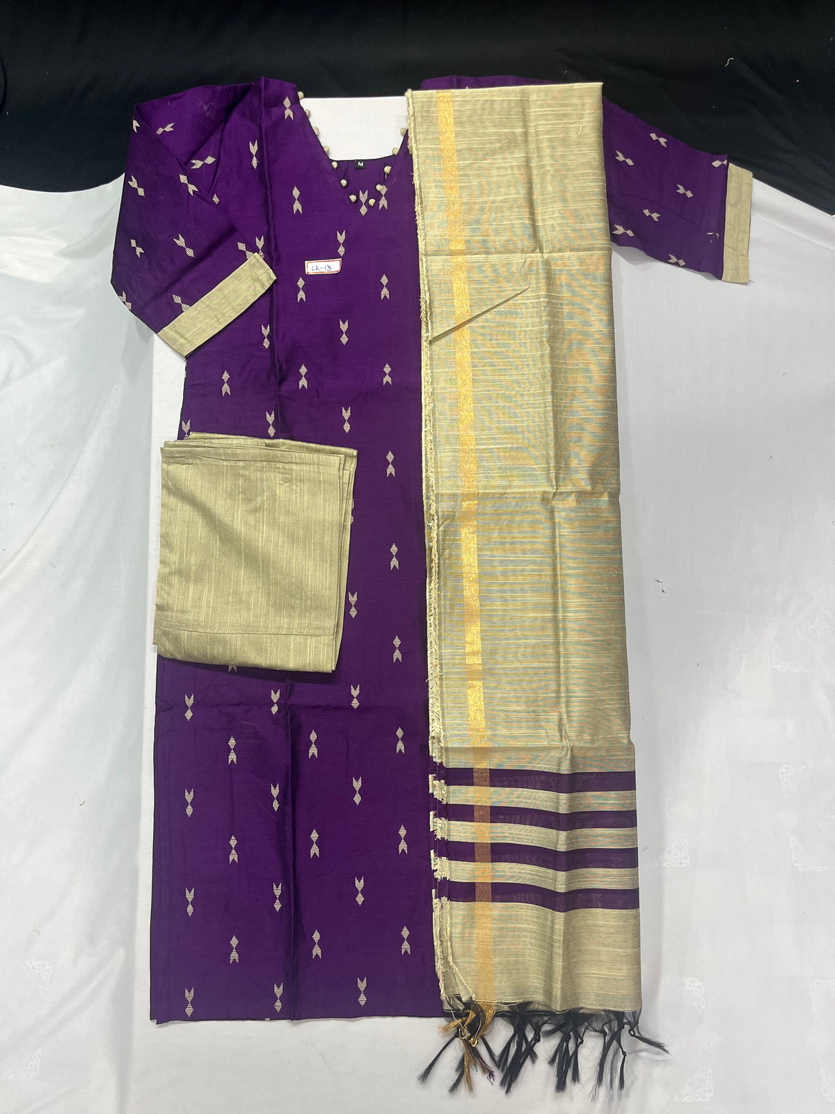 Raw Silk 3pc KurtiSet With Violet Colour Full Length Lining | Gold Dupatta