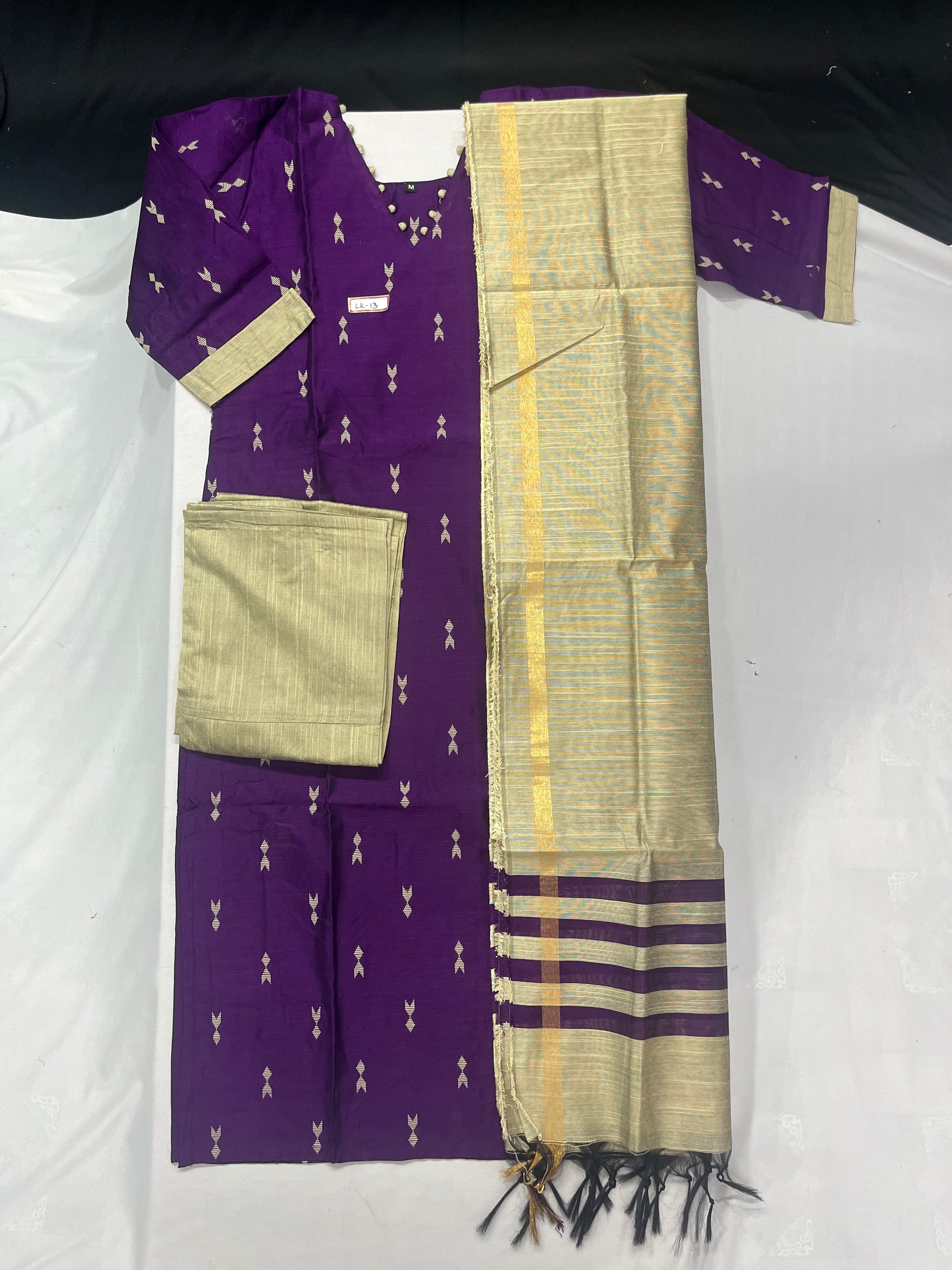 Raw Silk 3pc KurtiSet With Violet Colour Full Length Lining | Gold Dupatta