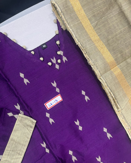 Raw Silk 3pc KurtiSet With Violet Colour Full Length Lining | Gold Dupatta