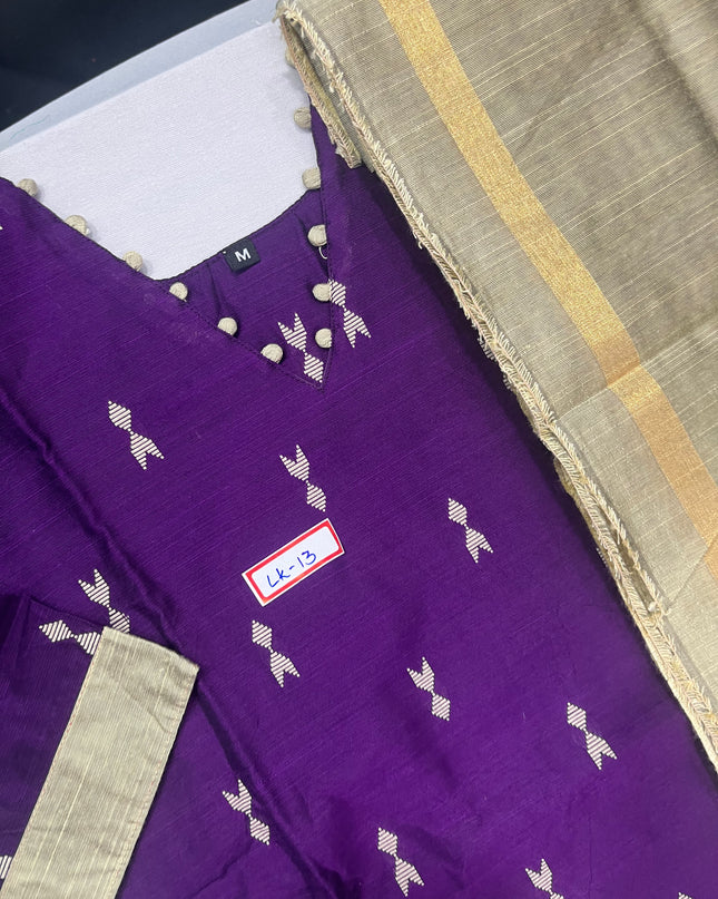 Raw Silk 3pc KurtiSet With Violet Colour Full Length Lining | Gold Dupatta