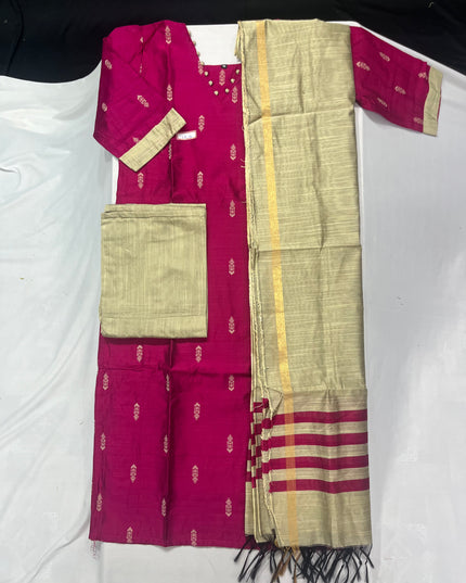 Raw Silk 3pc KurtiSet With Pink Colour Full Length Lining | Gold Dupatta
