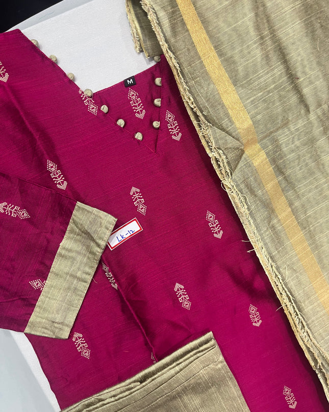 Raw Silk 3pc KurtiSet With Pink Colour Full Length Lining | Gold Dupatta