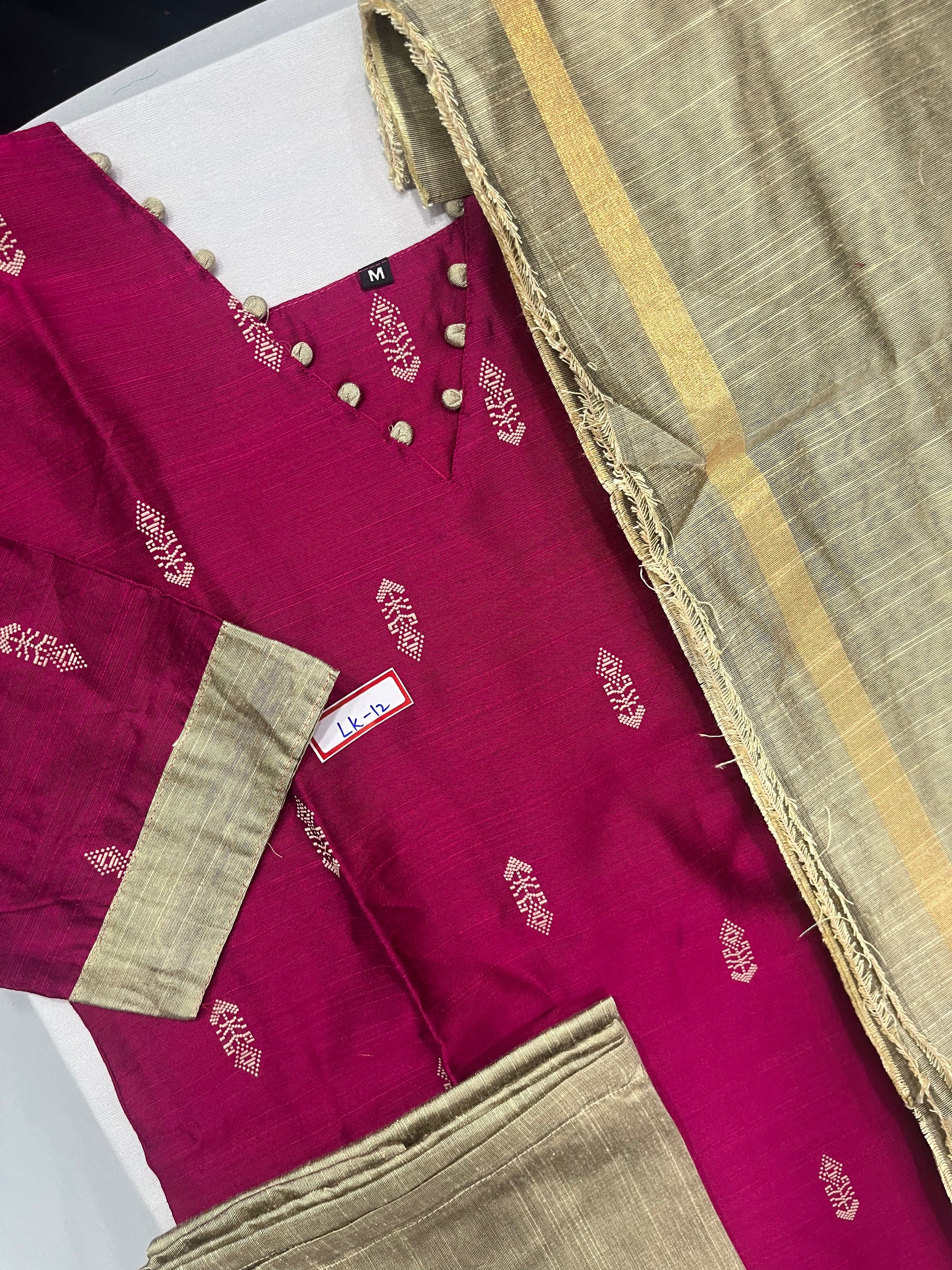 Raw Silk 3pc KurtiSet With Pink Colour Full Length Lining | Gold Dupatta