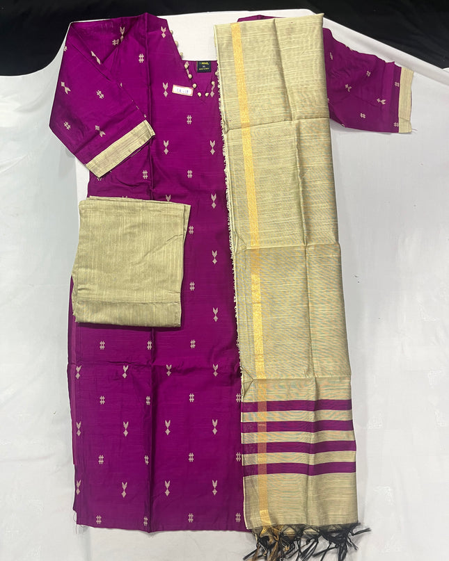 Raw Silk 3pc KurtiSet With Pink Colour Full Length Lining | Gold Dupatta