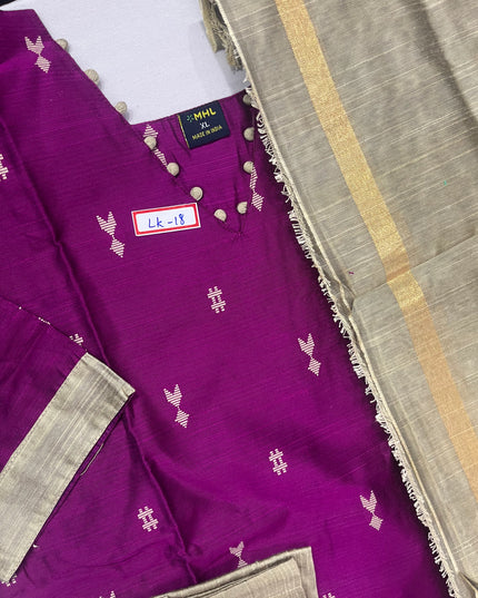 Raw Silk 3pc KurtiSet With Pink Colour Full Length Lining | Gold Dupatta