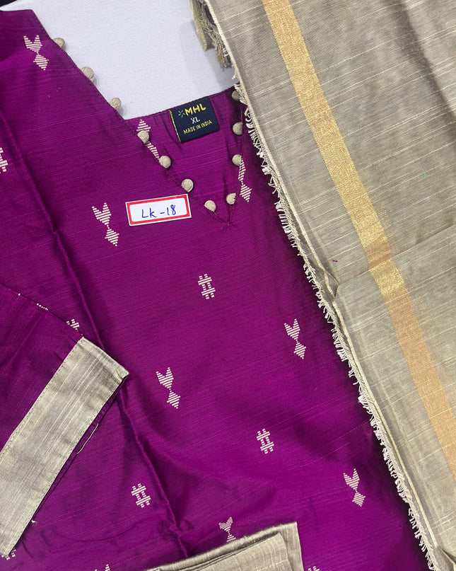Raw Silk 3pc KurtiSet With Pink Colour Full Length Lining | Gold Dupatta