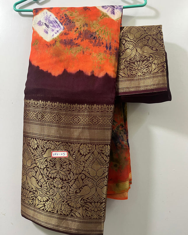 Bandahni Printed Water Paint Jute saree with Brown Border