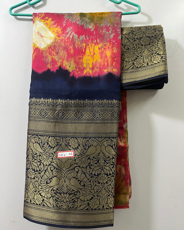 Bandahni Printed Water Paint Jute saree with Blue Border