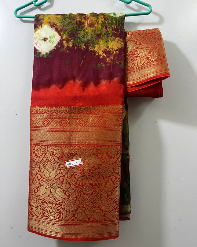 Bandahni Printed Water Paint Jute saree with Red Border