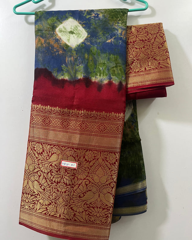 Bandahni Printed Water Paint Jute saree with Red Border