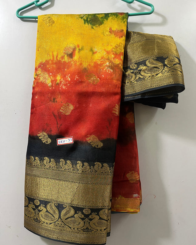 Bandahni Printed Water Paint Jute saree with Gray Border