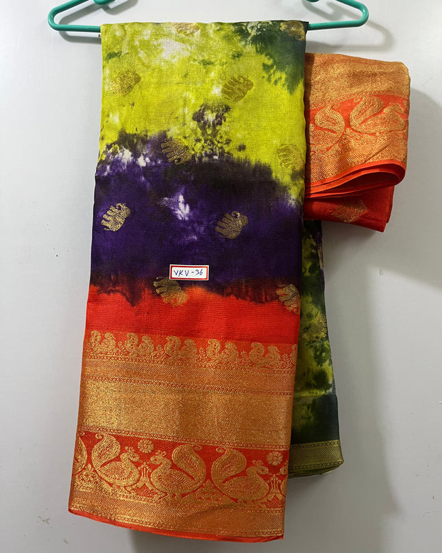 Bandahni Printed Water Paint Jute saree with Orange Border