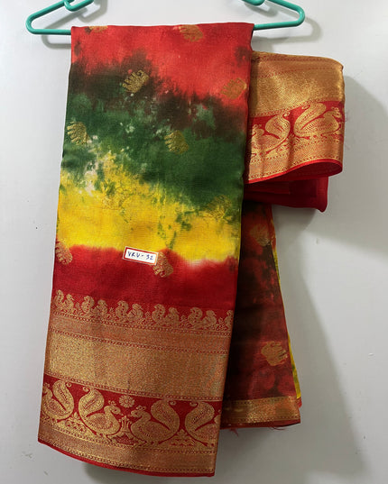 Bandahni Printed Water Paint Jute saree with Red Border