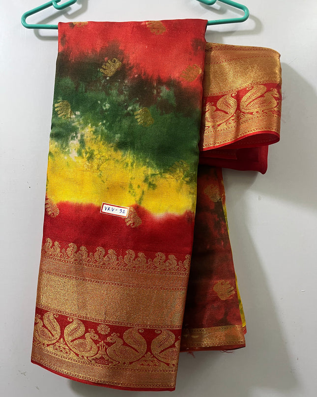 Bandahni Printed Water Paint Jute saree with Red Border