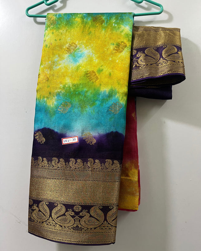 Bandahni Printed Water Paint Jute saree with Violet Border