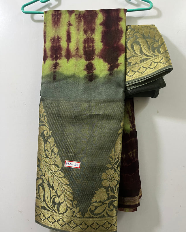 Shibori Printed Jute saree with Green &  One Side border