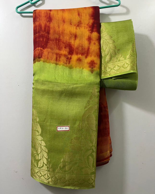 Shibori Printed Jute saree with Green &  One Side border