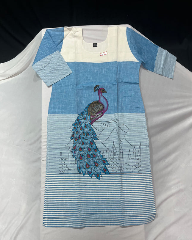 Peacock Design Straight Cut Kurti Sky Blue with Full Length Lining