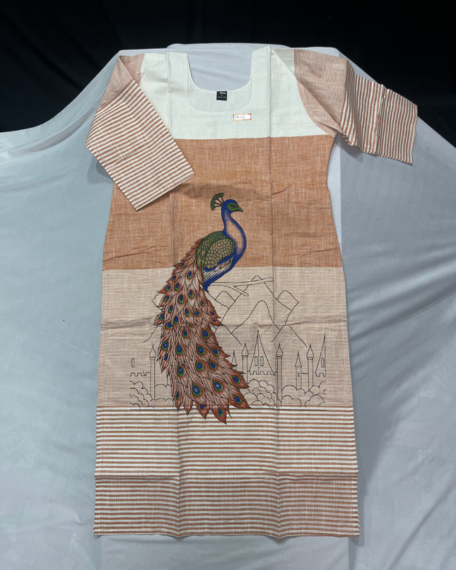 Peacock Design Straight Cut Kurti Brown with Full Length Lining