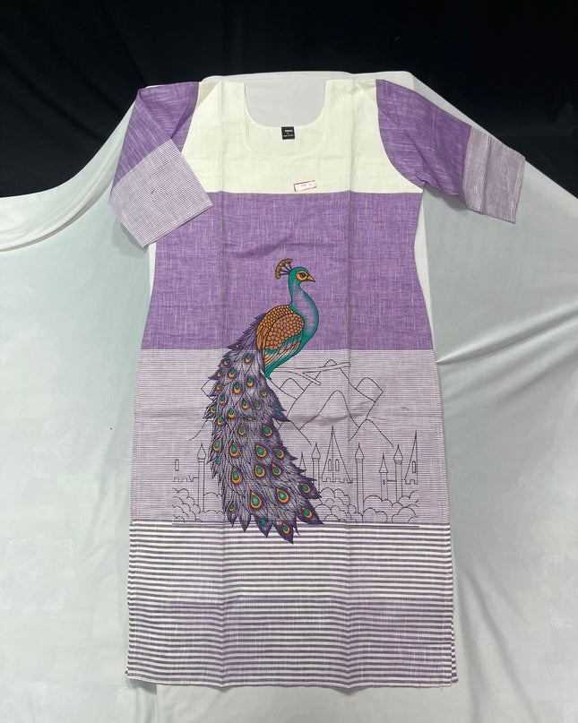 Peacock Design Straight Cut Kurti Lavender with Full Length Lining