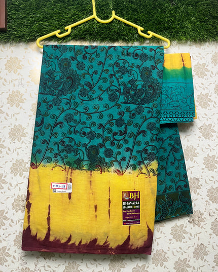 Printed Cotton Saree with Green and Yellow Border