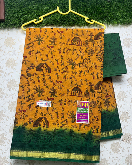 Printed Cotton Saree with Yellow and Green Border