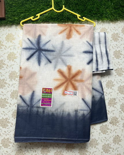 Printed White Cotton Saree With Grey Border