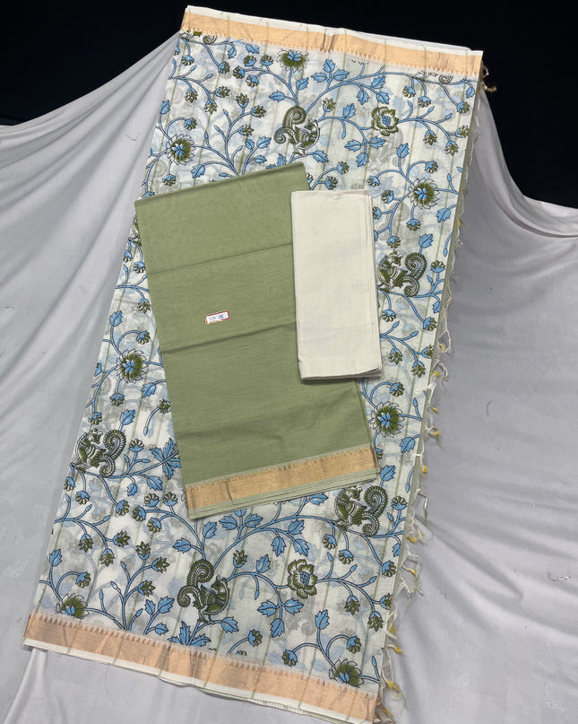 Mangalagiri Cotton Dress Material with White Chunni with Green Colour
